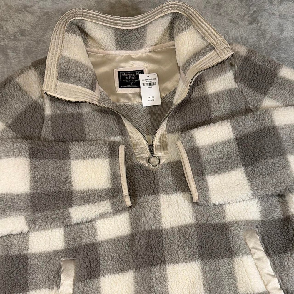 NWT Abercrombie & Fitch Sherpa Half-Zip Pullover | Gray Check | S